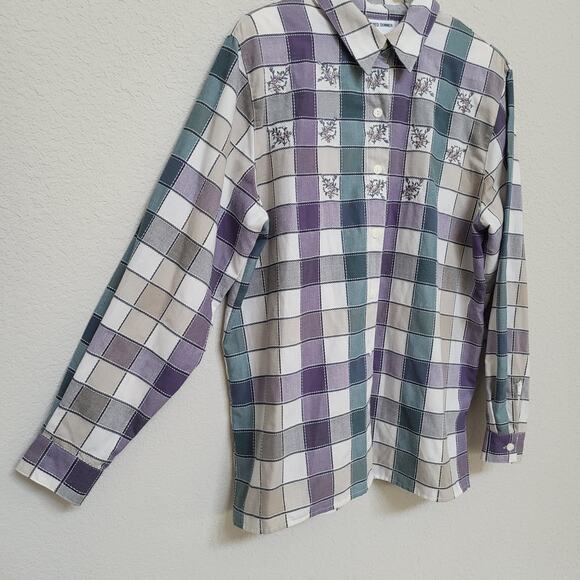 Alfred Dunner Button Up Shirt Womens 14 Floral Check Plaid Purple Embroidered - Picture 11 of 13